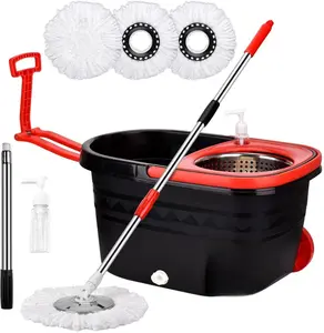 Spin Mop and Bucket with Wringer Set on Wheels, 360 Spinning Mop with Stainless Steel Handle for All Hard Surfaces, Floor Cleaning System with 3 Microfiber Replacement Heads, Black/Red