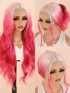 Ombre Red Wavy Texture Synthetic Lace Front Cap Wig, 26 Inch Long Length, Heat Resistant Wigs for Women, Perfect for Daily and Vacation Use