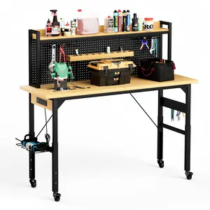 71''Adjustable Workbench with pegboard, Heavy Duty Wooden Desktop Workbench with Wheels, 1600 lb. Load Capacity, Rolling Workbench with AC/USB Outlet, Hooks, Shelf, for Garage, Workshop, Office, Home
