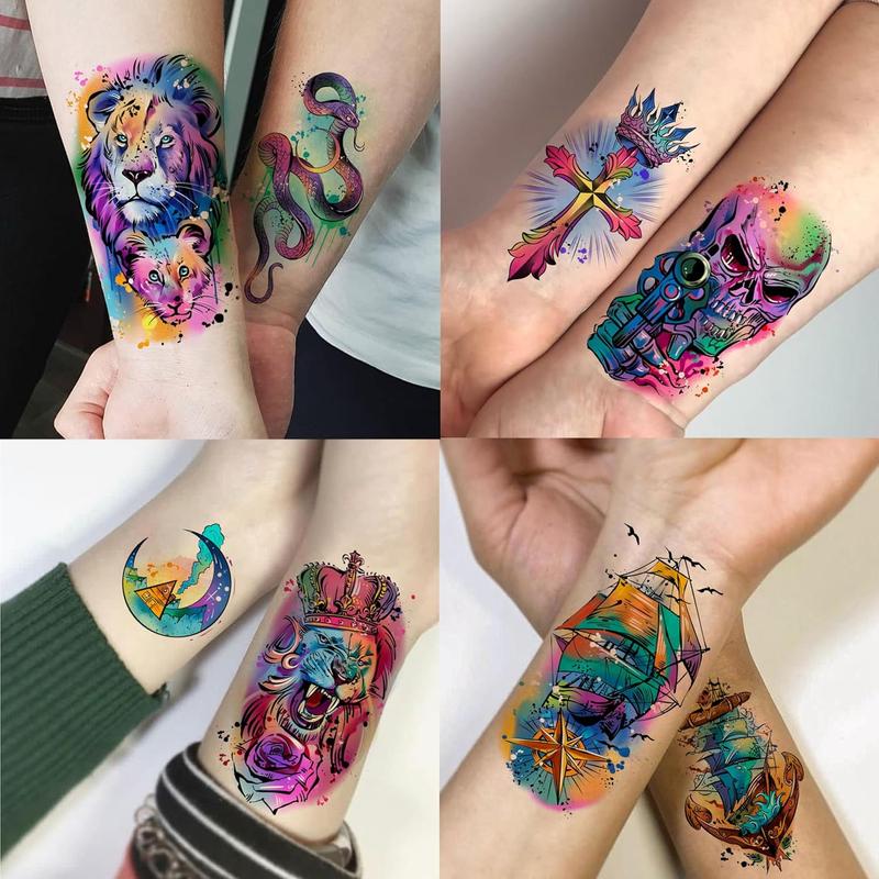 65/66 Sheets Watercolor Temporary Tattoos For Men Women Forearm Shoulder Legs Body Arm, 12 Sheets Long Lasting Lion Tiger Wolf Dragon Ealge Fake Tattoo Sleeve Adults, 53/54 Sheets Small Tatoos Kids