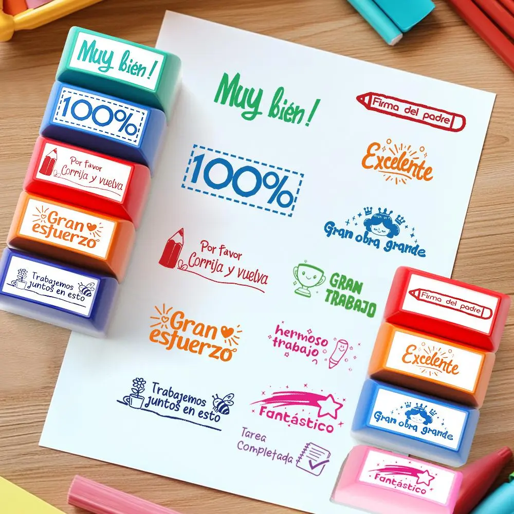 Colorful Spanish Theme Teacher Stamp Set, 12pcs/set Versatile Motivational Positive Messages Grade Stamp, Teacher Incentive Stamp, Classroom School Supplies, Office Stationery & Supplies