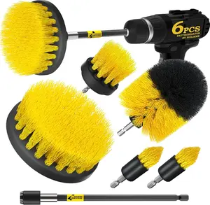 6Pack Drill Brush Power Scrubber Cleaning Brush Extended Long Attachment Set All Purpose Drill Scrub Brushes Kit for Grout, Floor, Tub, Shower, Tile, Bathroom and Kitchen Surface，Yellow