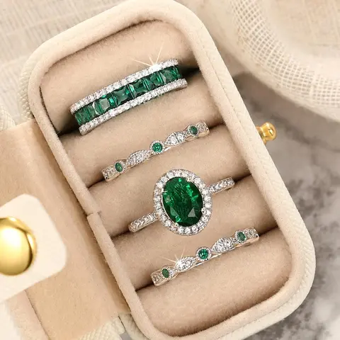 Women's Elegant Emerald Ring Set, Exquisite Trendy Engagement Ring Set, Fashionable Jewelry for Party & Daily Clothing Decor, Birthday Gift with Box, Beautiful Rings