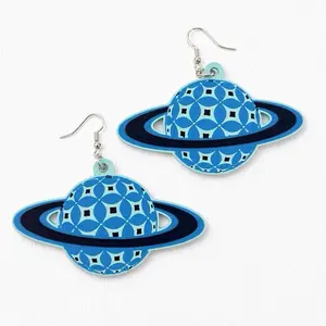 Uranus Planet Earrings – Aquarius Zodiac Jewelry – Celestial Space Dangles – Blue Geometric Planet Earrings