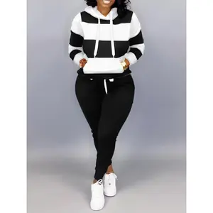 Plus Size Casual Outfits Two Piece Set, Women's Plus Colorblock Stripe Print Long Sleeve Drawstring Hoodie Sweatshirt & Joggers Outfits 2 Piece Set Can be used with raincoat（gift）