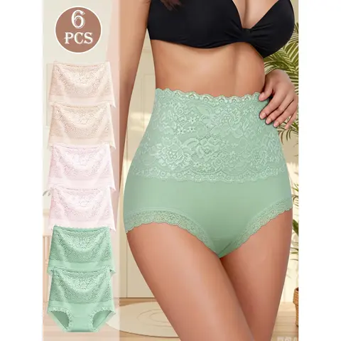 QUASTI 6PCS Solid Color Sexy Lace Design Women'S Briefs, Delicate Floral Pattern Fashionable & Elegant Underwear For Women, High Waisted Lace Style High Stretch Underwear, Soft Comfortable Cotton Panties,Suitable For Daily Life S-XXL