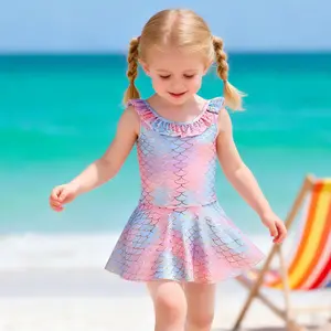 Kids Mermaid Scales Swimwear Toddler Girl Ruffle Skirt One Piece Swimsuit Bathing Suit for Beach Pool