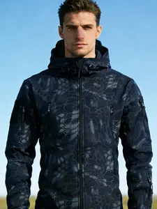 Men's Blue Camouflage Tactical Jacket, Waterproof Windproof Outdoor Fleece Coat, Multi-Pocket Functional Workwear Outerwear