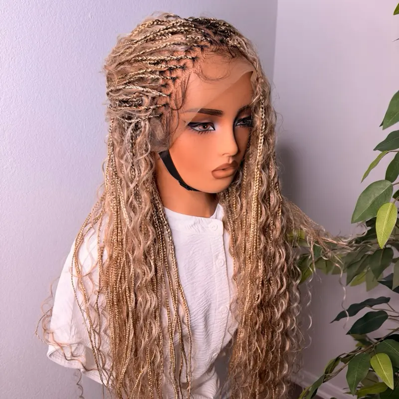 EverythingWigsBe Synthetic Boho  Full Lace Braided Wig with synthetic curls , easy to maintain with conditioner and hair oil Medium Cap Size (21–22 Inches), Adjustable Band & 2 Combs