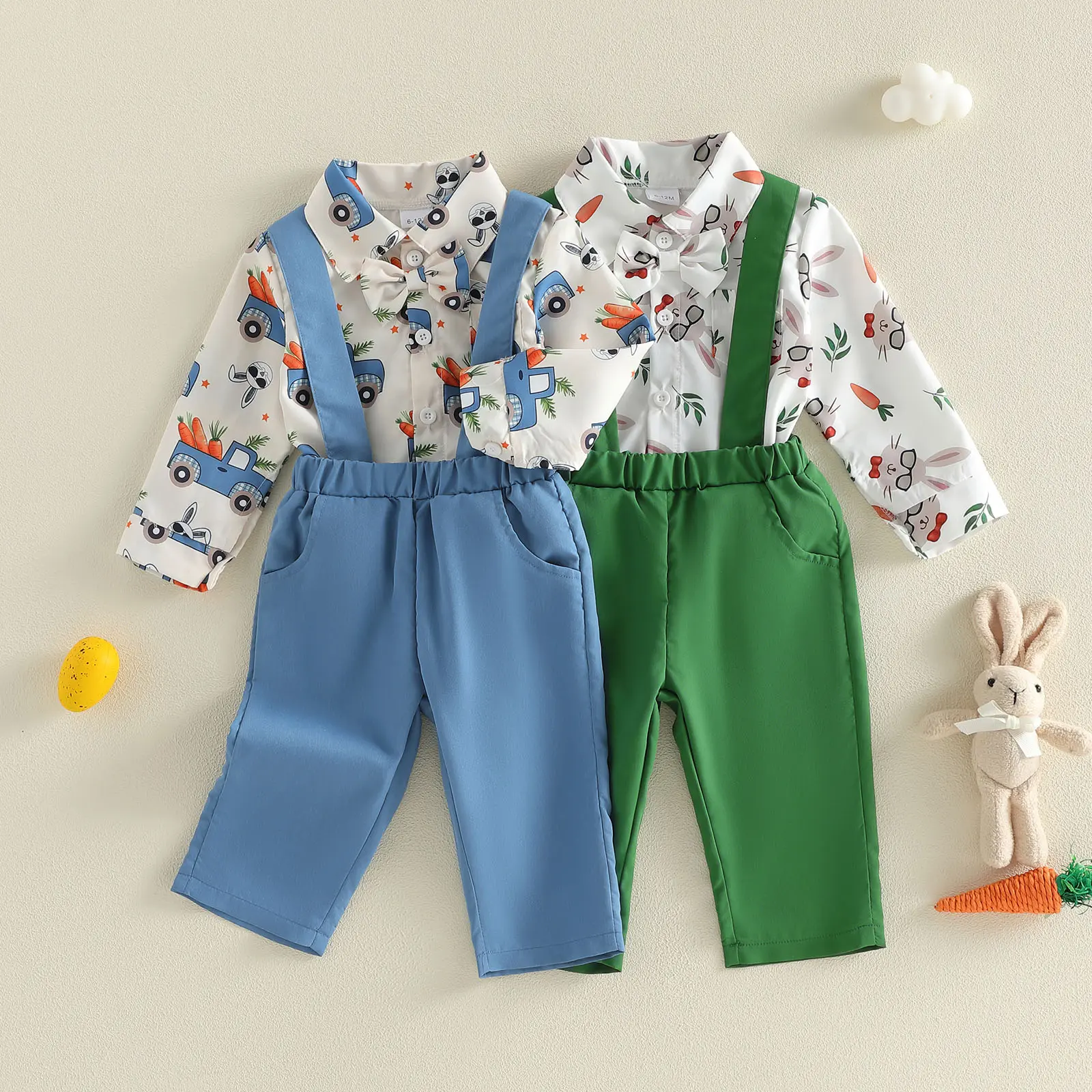 Toddler Baby Boys Easter 2 Piece Outfits Long Sleeve Turn Down Collar Truck Rabbit Print Tops and Suspender Pants Set