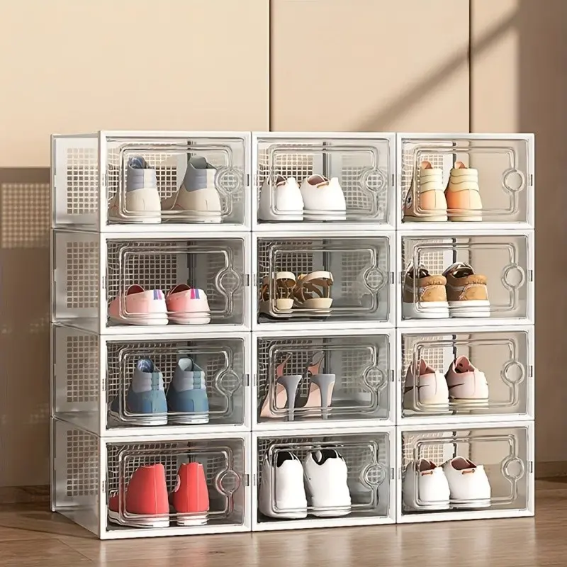 12-Piece Transparent Shoe Storage Boxes, Stackable Design Shoe Organizer, DIY Entrance Shoe Cabinet, Space-Saving Shoe Rack