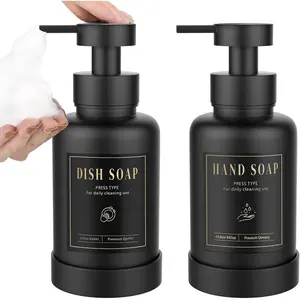 Foaming Soap Dispenser, Glass  Pump Soap Dispenser, Non-Slip Hand Soap Bottle with 5  Labels, 15 Oz Refillable Liquid Soap Bottle for Bathroom & Kitchen, Black, 2 Pack