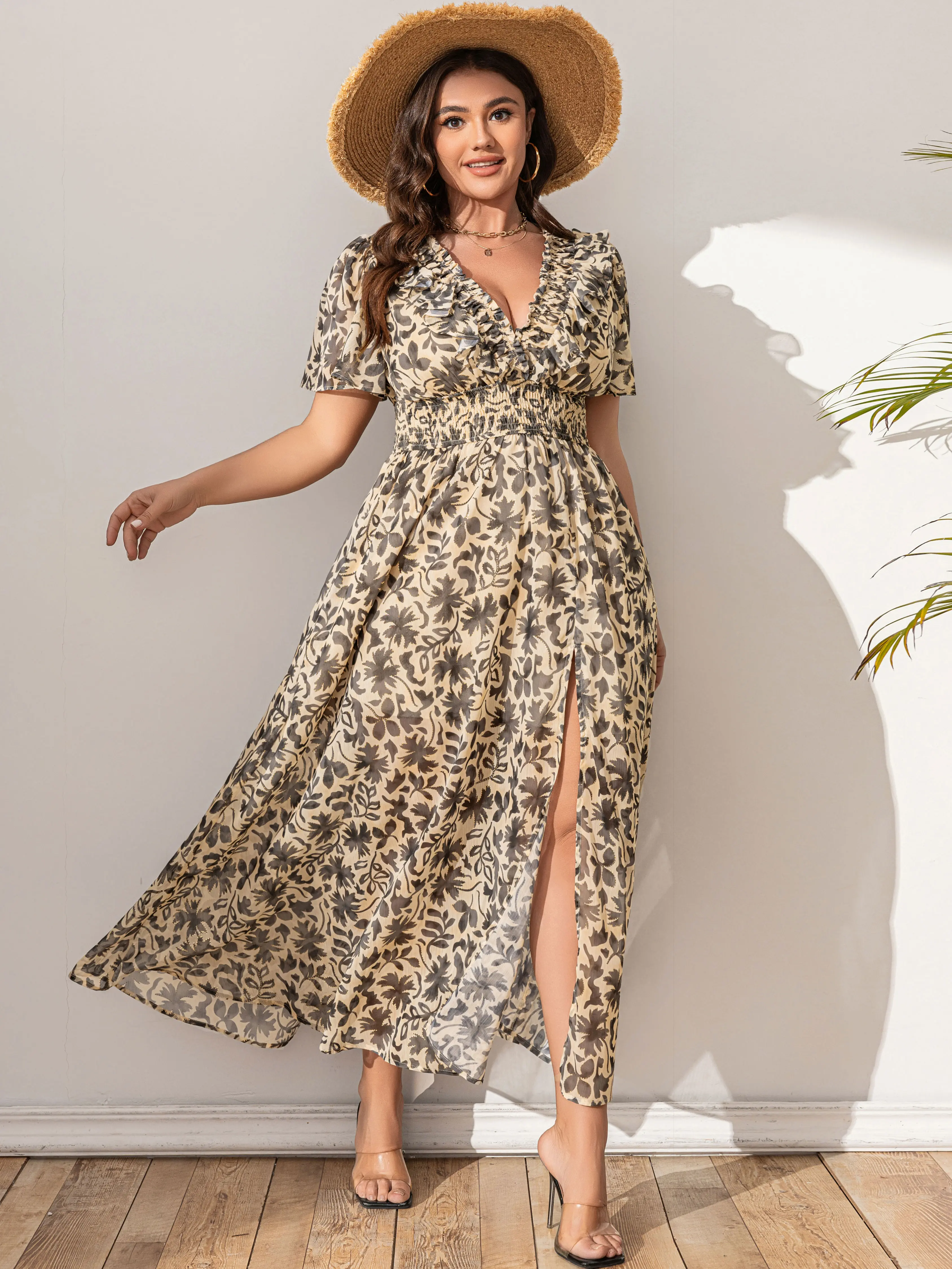 brown long dress casual Brown Maxi Dress With Slit And Long Sleeves