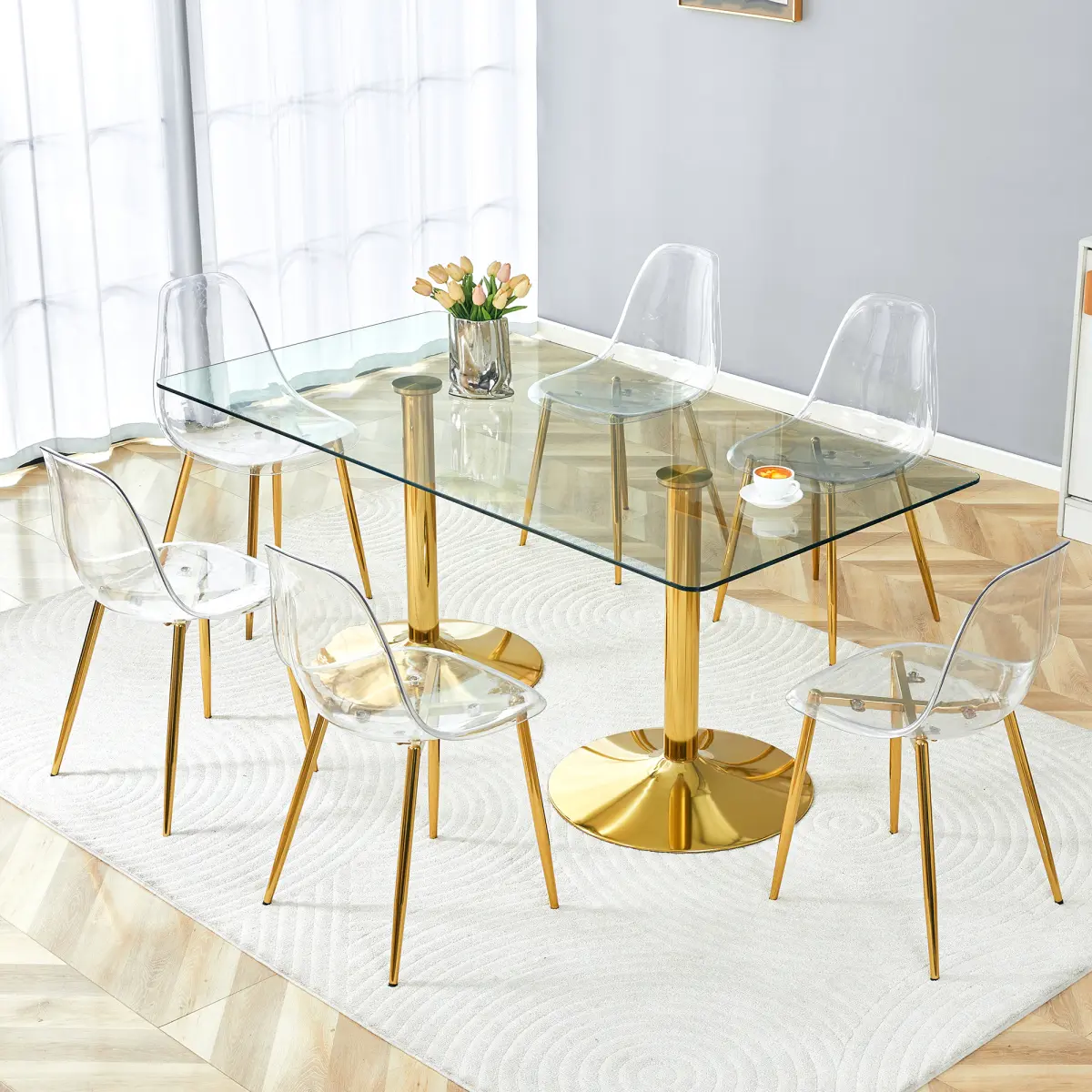 Contemporary Indoor Dining Room Furniture Set for Restaurants - 71x35.4" (71 inches x 35.4 inches) Shatter-Resistant Tempered Glass Table, 6 Armless Transparent Plastic Chairs with Golden Metal Legs (300 lbs Capacity, Compact, Easy Setup, 6 Seats, Sturdy)