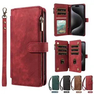 Vintage Zipper Leather Wallet Case, Multifunctional Phone Sleeve for iPhone 16 17 Pro Max Samsung S25