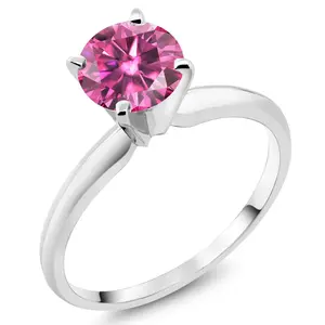 Gem Stone King 14K White Gold Pink Moissanite Solitaire Engagement 4-Prong Ring For Women | 0.80 Cttw | Round 6MM | Gemstone April Birthstone