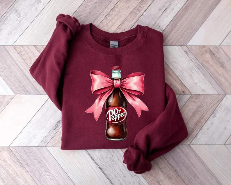 Dr Peper Pink Bow Coquette Sweatshirt, Cute Pink Soda Drink Shirt, Dr.Peper T-Shirt, Aesthetic Girly Tee, Dr Peper Lover Gift, Soda Lover, Crew Neck, Size S- 3XL, Gift for him, Gift for her, Menswear Top, Womenswear Top