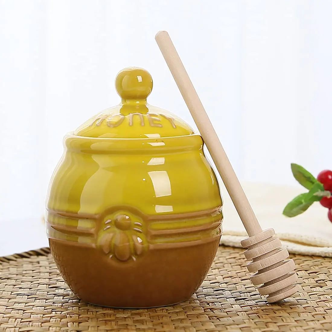 12oz Ceramic Honey Jar With Wooden Dipper Stick-honey Pot  Yellow Dispenser Farmhouse Kitchen Great Bee Decor Porcelain Easy To Clean For Mother's Day Wife Gift