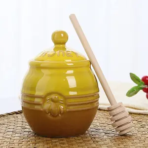 12oz Ceramic Honey Jar With Wooden Dipper Stick-honey Pot  Yellow Dispenser Farmhouse Kitchen Great Bee Decor Porcelain Easy To Clean For Mother's Day Wife Gift