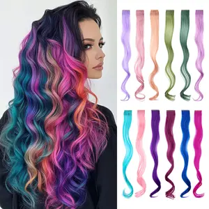 Cephemer 12 PCS Colored Clip in Hair Extensions 22 Inches Curly Wavy Synthetic Hairpieces Rainbow Neon Party Highlights Colorful Hair Accessories for Kids Girls Women Party Black Friday & Christmas