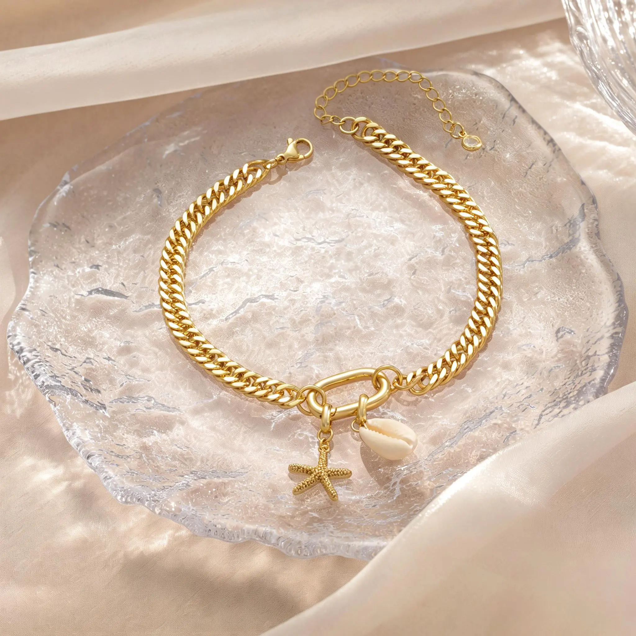 KOPERIN Women's Gold-Plated Coastal Aesthetic Cuban Anklets - Waterproof Chunky Link, Starfish Charm, Shell Motif, Adjustable Size, Non-Tarnish Beachwear Jewelry for Adults, Choking Hazard Small Parts Note