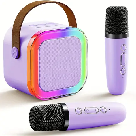 Mini Karaoke Speaker with 2 Wireless Mics  For 3-12+ Gift | 5 Voice Effects | RGB Variable Lights | Portable Home Party Speaker for Kids Ages 4-12+ & Adults, Gift for Girls & Boys