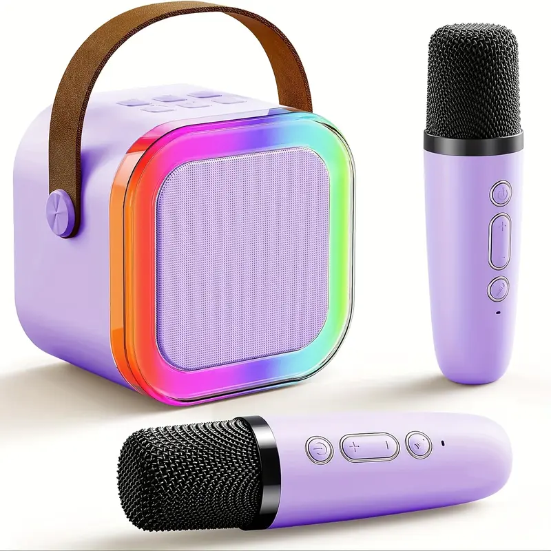 Mini Karaoke Speaker with 2 Wireless Mics For 3-12+ Gift | 5 Voice Effects | RGB Variable Lights | Portable Home Party Speaker for Kids Ages 4-12+ & Adults, Gift for Girls & Boys