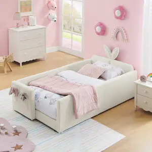 Twin Size Upholstered Boucle Fabric Platform Bed Frame with Cute Rabbit Ear Headboard, Safety Rail, Storage Pocket, Safe Sleep Toddler Bed for Bedroom, Beige
