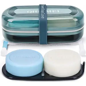 Shampoo Bar Holder and Soap Case | Leakproof Travel Container with Lid & Drain Tray | Includes Silicone Strap and Mesh Soap Bag | for Bathroom, Shower, Camping, Gym Travel (Blue, Large)