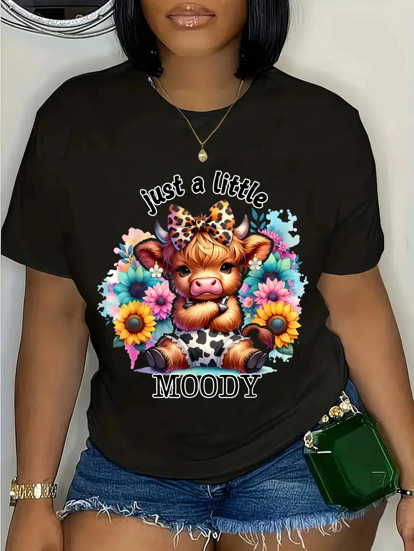 Cotton Just A Little Moody Cute Attitude Highland Cow Sunflowers T-Shirt