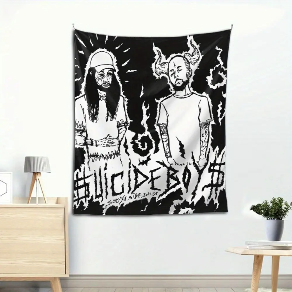 Suicide Boys Tapestry - Edgy Black & White Knitted All-Over Print Wall Hanging with Band Members Design, Light, Strong, Anti-Pilling Long-Lasting Room Art, Hand Wash Safe Single-Piece Indoor/Outdoor Home Decor for Living Room, Dorm, Linen