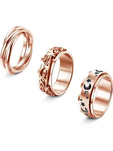 3 Pcs Spinner Rings for Women Stainless Steel Fidget Band Rings Set Triple Interlocked Rolling Moon Star Womens Ring for Stress Relieving Wedding Promise Rose Gold Size J-1/2