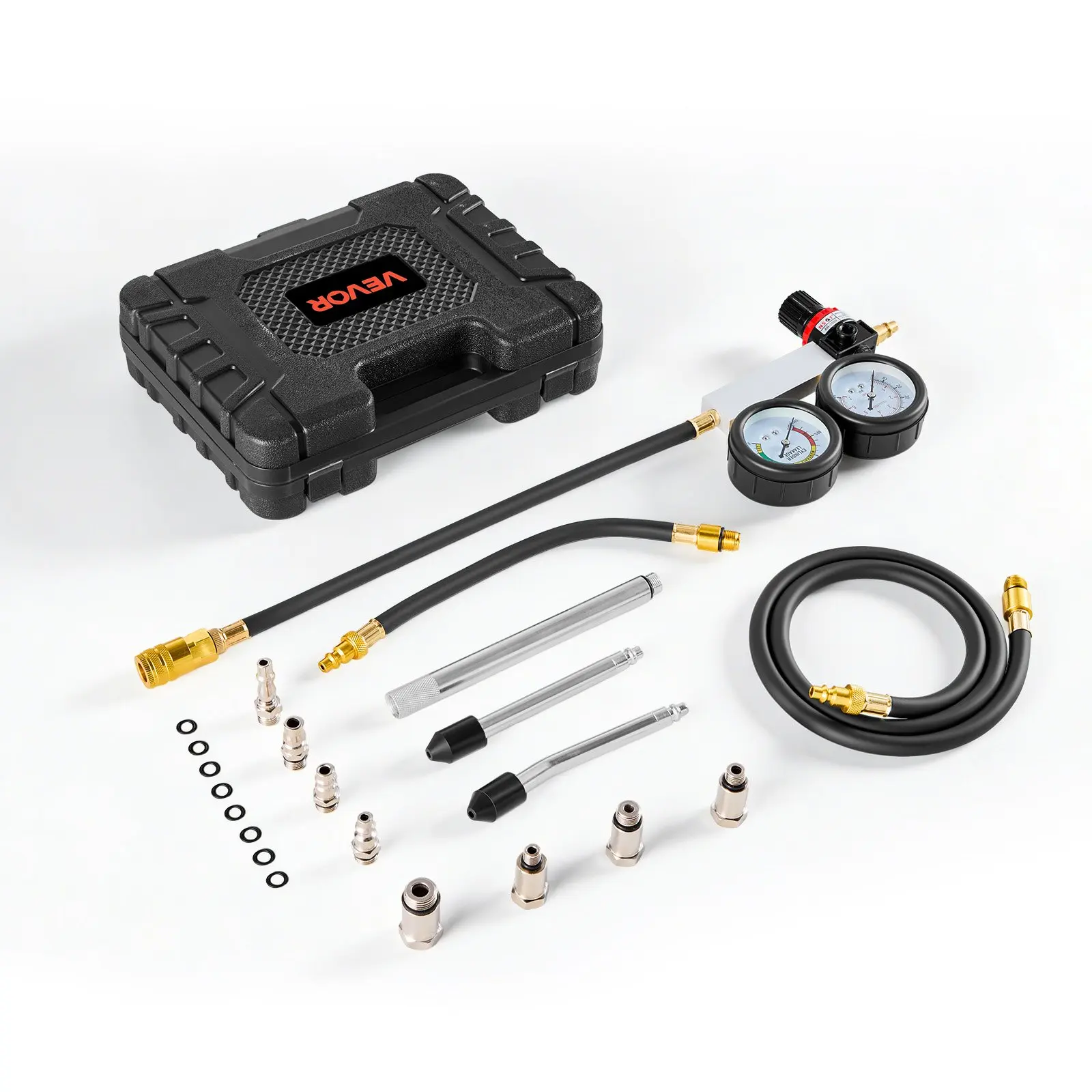 VEVOR Manual Engine Cylinder Compression & Leak Down Tester Kit, 0-100 PSI Pressure Gauge, 4 Adapters, 2 Metal Tubes, ABS, Compact & Portable, Quick Setup, 11.22x8.46x2.95in, for Cars/Motorcycles, Dual-Gauge Leakage Testing & Pressure Test Capabilities, 1