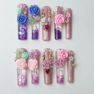 DiDazzle Dopamine “Rose Sugar” Aquarium 1.7inch Press-On Nails – Pink Liquid Core Square Summer Pastel Nails