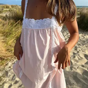 Women Lace Trim Mini Dress Ruffle Flowy Babydoll Dress Spaghetti Strap Summer Loose Sundress Boho Holiday Going Out Dresses
