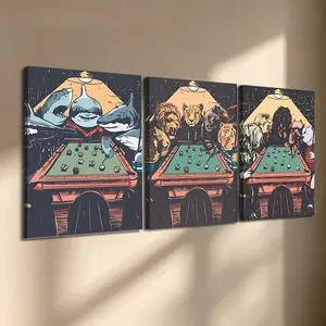 3 Pcs/Set Wooden-Framed Canvas Painting, Retro Animal Billiard Night Triptych Canvas Wall Art, Vintage Style Pool Game Print for Living Room, Bedroom, Office Decoration, Modern Home Decor, Fashion Artistic Ornaments, Artwork