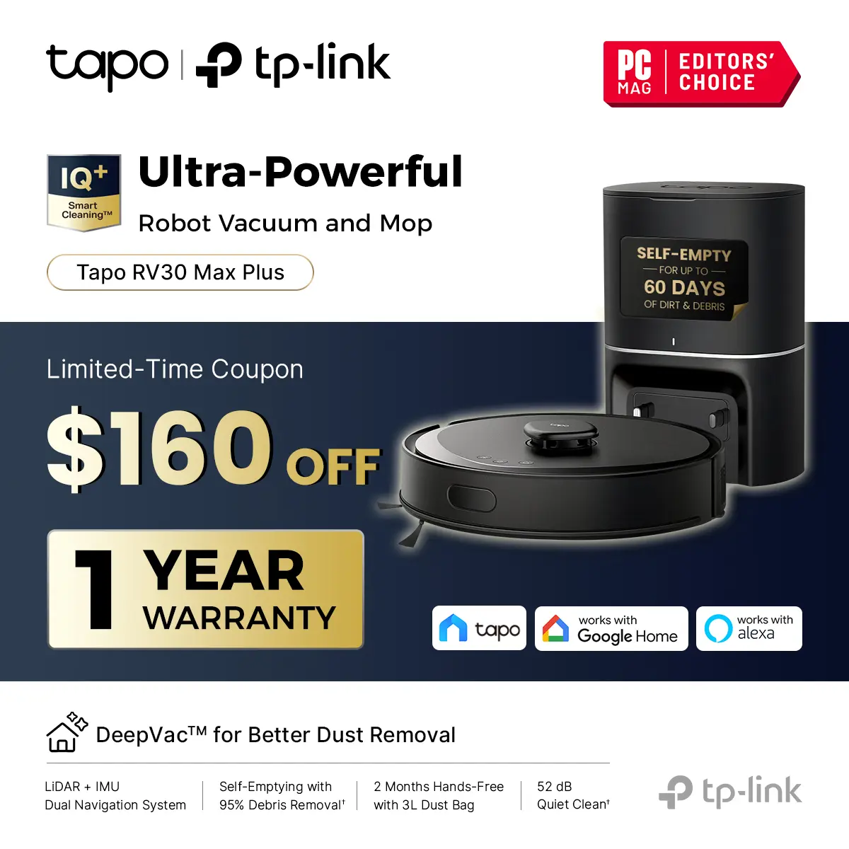 [1 Year Warranty] Tapo RV30 MAX Plus: LiDAR Robot Vacuum & Mop with Auto-Empty Dock, 5300Pa,Smart Mapping, Voice Control, 97%+ Dust Pickup, 3L Dust Bag, 2 Months Hands-Free Cleaning