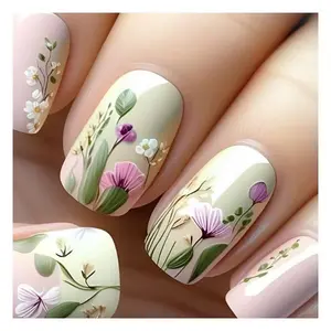 CHRISTMAS GIFT 24PCS Spring Flower Press On Nails – Short Square Glossy Pink Fake Nails with Floral Designs, Acrylic Stick-On False Nails for Women, Spring Summer Nail Art Decor