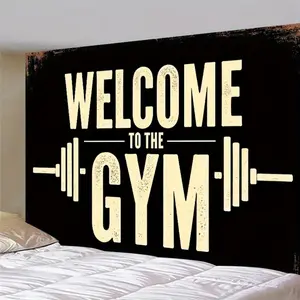 1pc 2D Flat Welcome to the Gym" Large Gym - Themed Backdrop Banner with Dumbbells & Weights - Durable Polyester Easy to Hang Perfect for Parties Home Decor Indoor/Outdoor Use Gym Accessories Hanging White