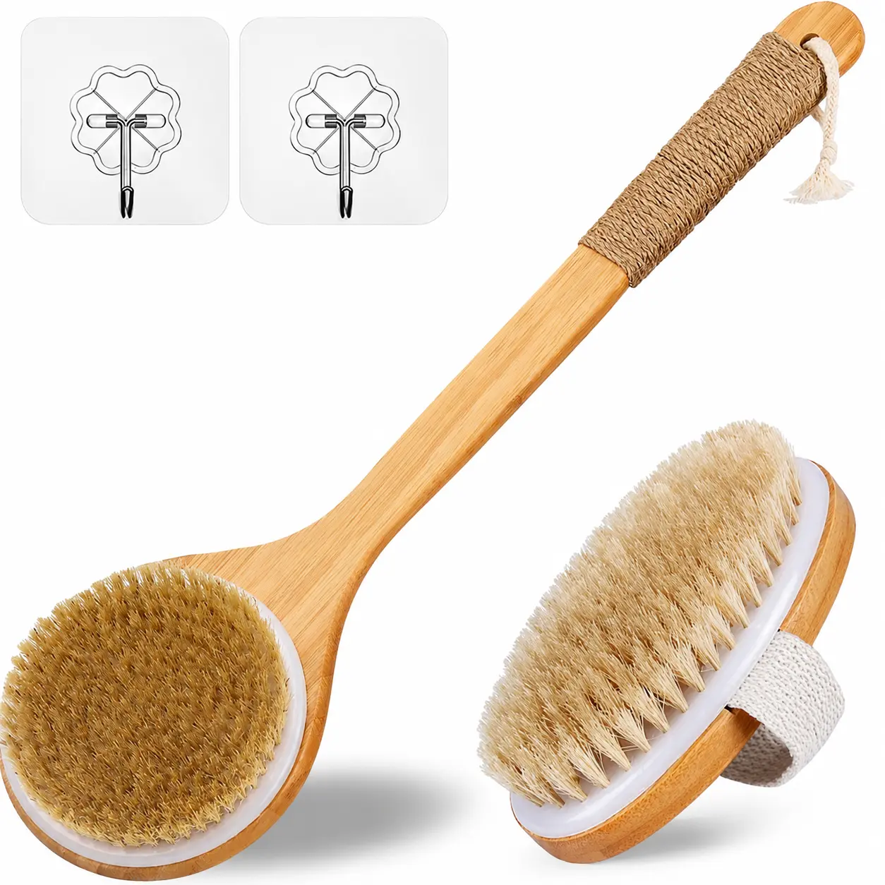 Dry Body Brush Set, 2-Piece Natural Boar Bristle Exfoliating Brush with Wood Handle | Medium Strength Body Scrub Brush with 2 Adhesive Wall Hooks for Shower, Bath & Skincare