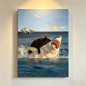 1PC Funny Black Cat Riding Shark Canvas Wall Art - Whimsical, Artistic, Retro Ocean Animal Print, Framed 16x16in Ready-to-Hang Decoration for Living Room, Bedroom Home Decor