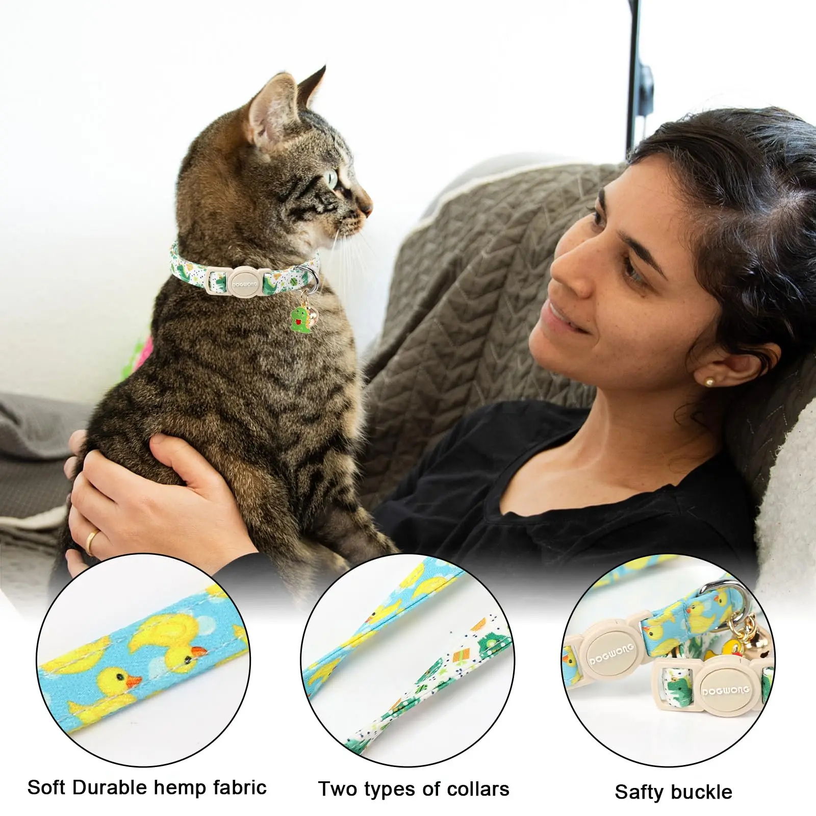 DOGWONG 2 Pack Summer Breakaway Cat Collars with Bell, Adjustable Duck & Dinosaur Print Accessory - Safety Soft Pet Collar for Girl Boy Cats DOGWONG 2 Pack Summer Breakaway Cat Collars with Bell, Adjustable Duck & Dinosaur Print Accessory - Safety Soft Pet Collar for Girl Boy Cats