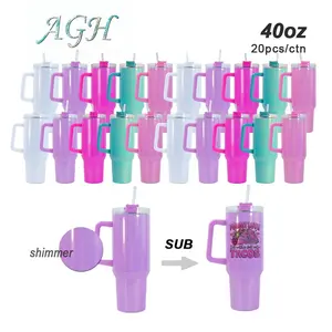 AGH 40oz Glitter Shimmer Tumbler 12/20pcs Sublimation Stainless Steel Mug with Removable Handle Coffee Drinkware Insulated Flask Custom Insulation