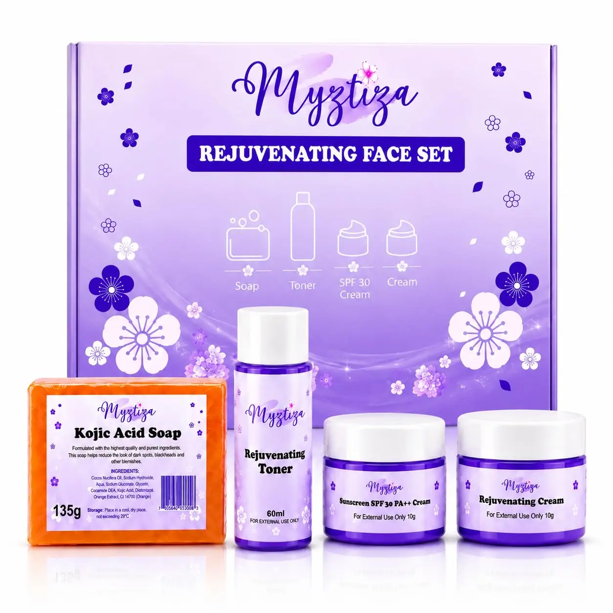 Myztiza Rejuvenating Face Set: Soap, Toner, Rejuvenating & Moisturizing Cream