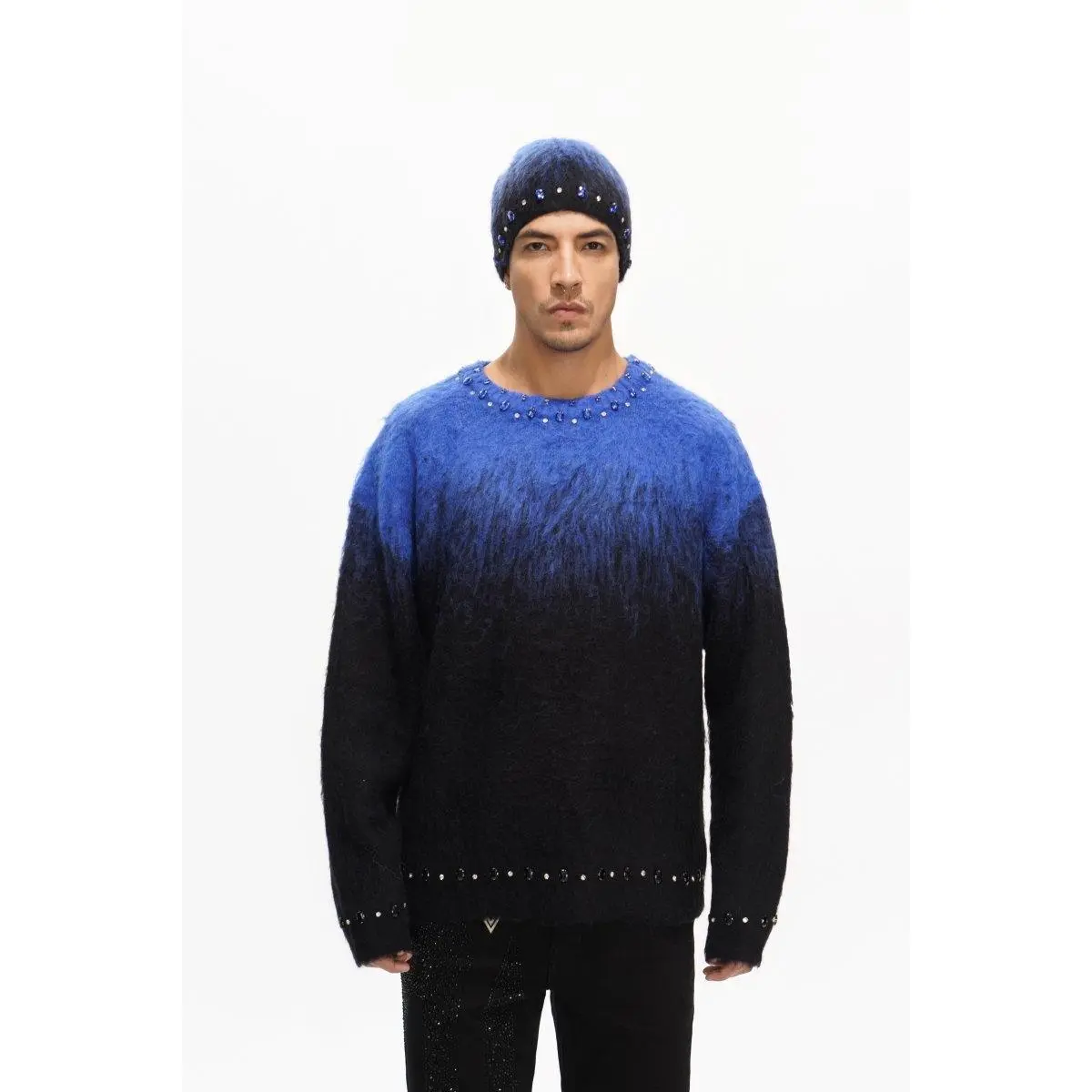 Men's Textured Blue Mohair Crew Neck Sweater - Classic Long Sleeve Knit with Comfortable Round Neckline