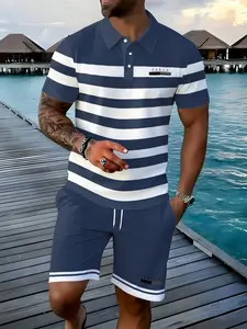 Men's Striped Polo Shirt and Shorts Set, Summer Casual Beach, Deep Blue Stripes, Breathable Two-Piece Suit