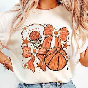 Basketball Coquette T-Shirt, Game Day Basketball T-Shirt, Brushstroke Basketball Bow Shirt Design, Floral Basketball Mom
