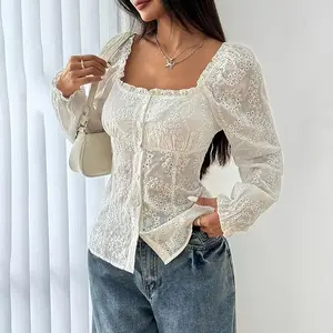 Women's Square Neck Puff Sleeve Eyelet Lace Hollow Out Button Top Blouse