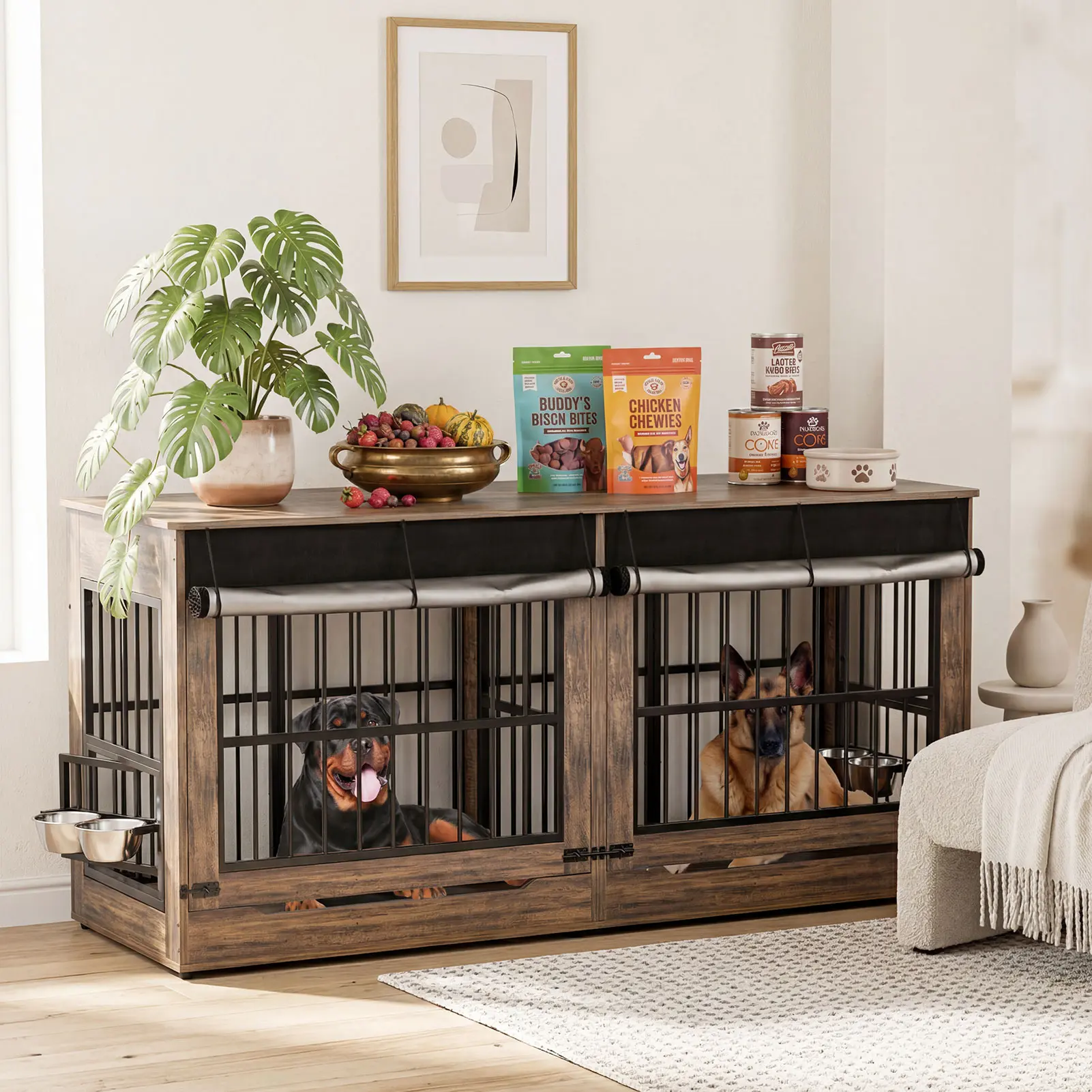 ZZWHOM Premium Solid Wooden Dog Crate - Large Escape-Proof Double Door Kennel for Medium to Giant Breeds, Indoor Non-Skid Pet Crate with Lockable Doors, Multiple Sizes, Excellent Ventilation, Minimal Assembly Required, Rustic Brown-2XL