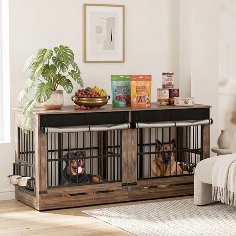 【SohoChic】ZZWHOM Steel Wood Dog Crate Furniture - Lockable Double Door Kennel with Escape-Proof Doors, Flip-Up Access, Wheels, Non-Skid Base, Minimal Assembly Required, Home Decor-Friendly for Medium to Giant Breeds (32,38,42,46,48,78in)
